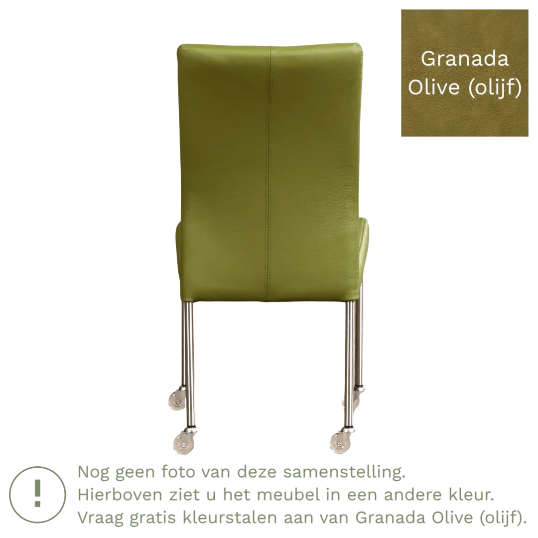 afbeelding van Leren eetkamerstoel Comfort met wieltjes - Granada Olive (olijf) - Poten staal rond zwart
