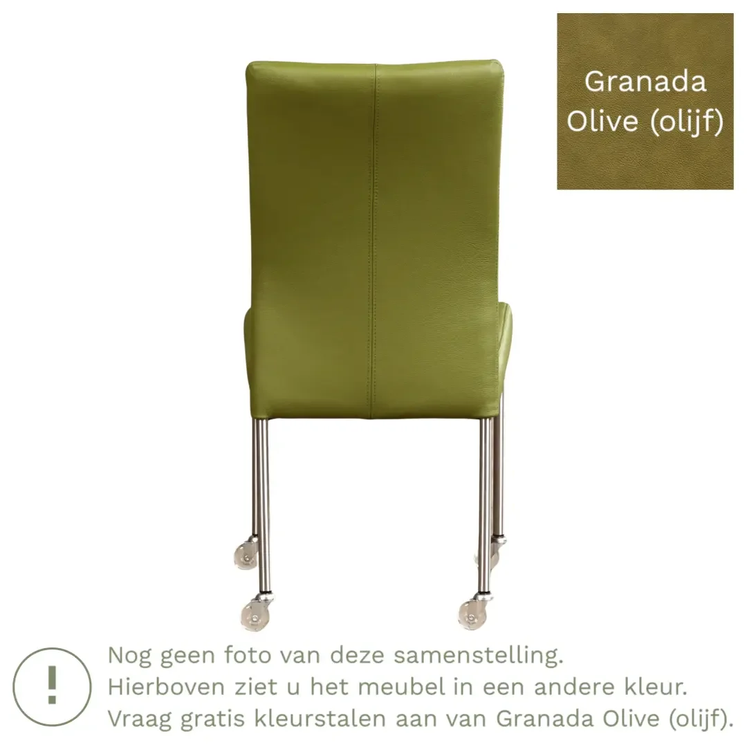 afbeelding van Leren eetkamerstoel Comfort met wieltjes - Granada Olive (olijf) - Poten staal vierkant zwart