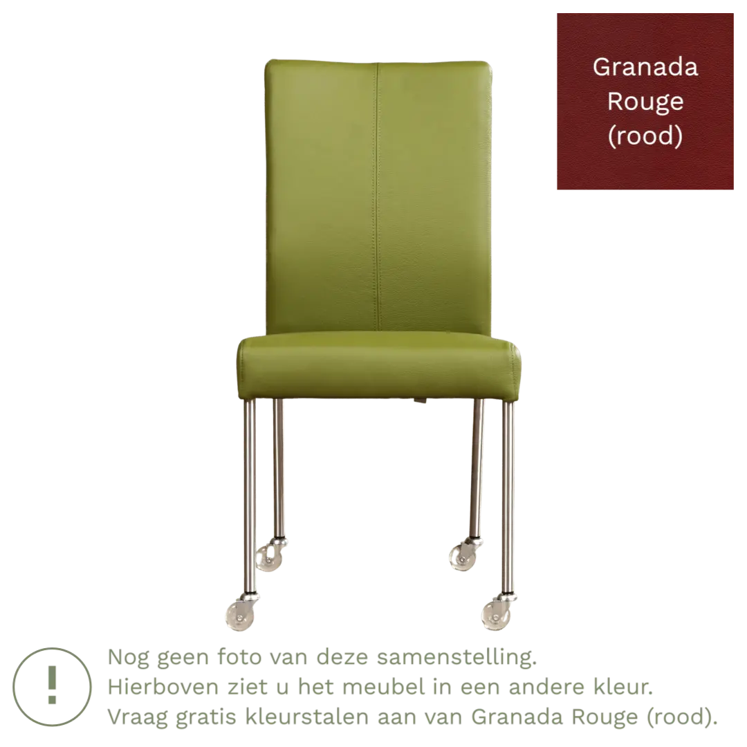afbeelding van Leren eetkamerstoel Comfort met wieltjes - Granada Rouge (rood) - Poten staal rond RVS
