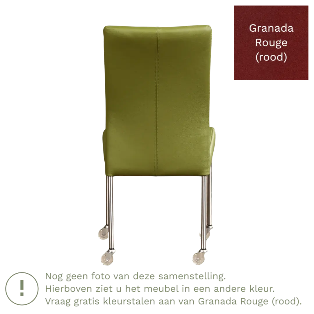 afbeelding van Leren eetkamerstoel Comfort met wieltjes - Granada Rouge (rood) - Poten staal rond RVS
