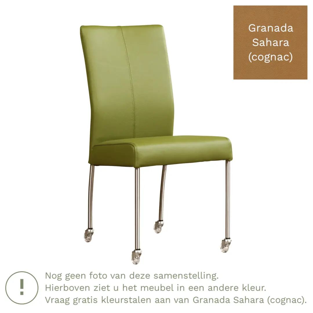 afbeelding van Leren eetkamerstoel Comfort met wieltjes - Granada Sahara (cognac) - Poten staal rond RVS