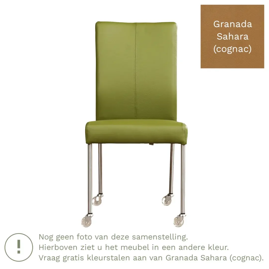 afbeelding van Leren eetkamerstoel Comfort met wieltjes - Granada Sahara (cognac) - Poten staal vierkant zwart