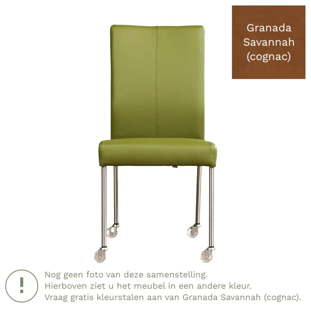 afbeelding van Leren eetkamerstoel Comfort met wieltjes - Granada Savannah (cognac) - Poten staal rond RVS
