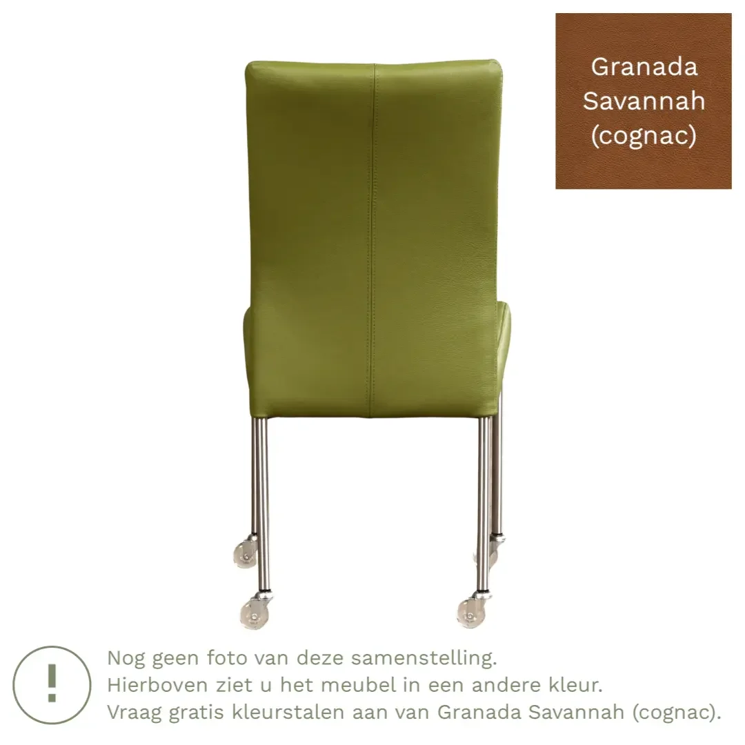 afbeelding van Leren eetkamerstoel Comfort met wieltjes - Granada Savannah (cognac) - Poten staal rond RVS