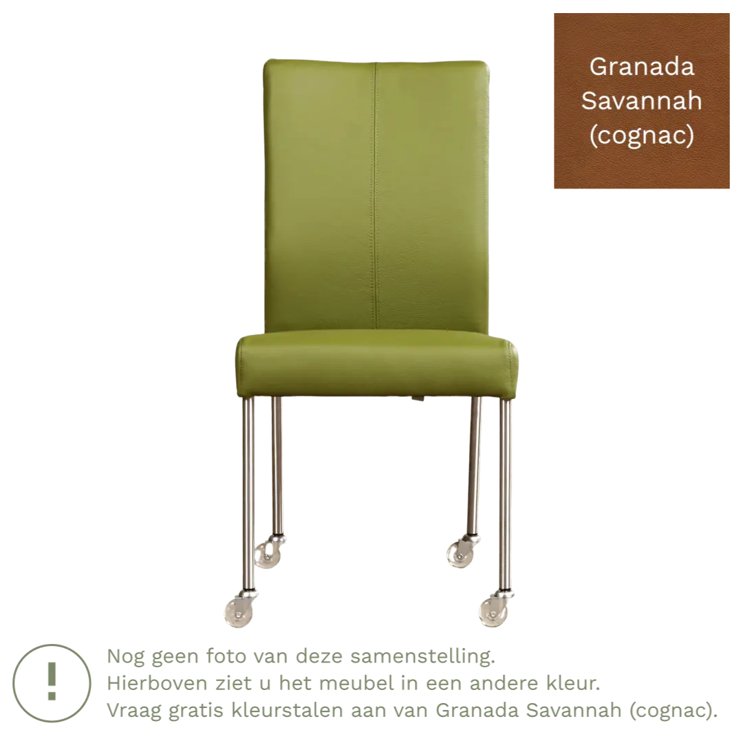 afbeelding van Leren eetkamerstoel Comfort met wieltjes - Granada Savannah (cognac) - Poten staal rond zwart