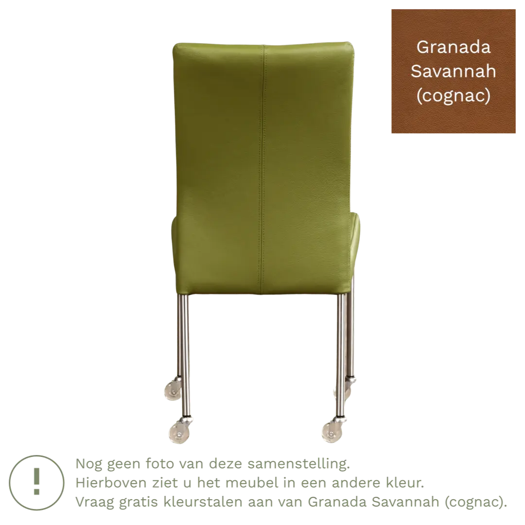 afbeelding van Leren eetkamerstoel Comfort met wieltjes - Granada Savannah (cognac) - Poten staal rond zwart