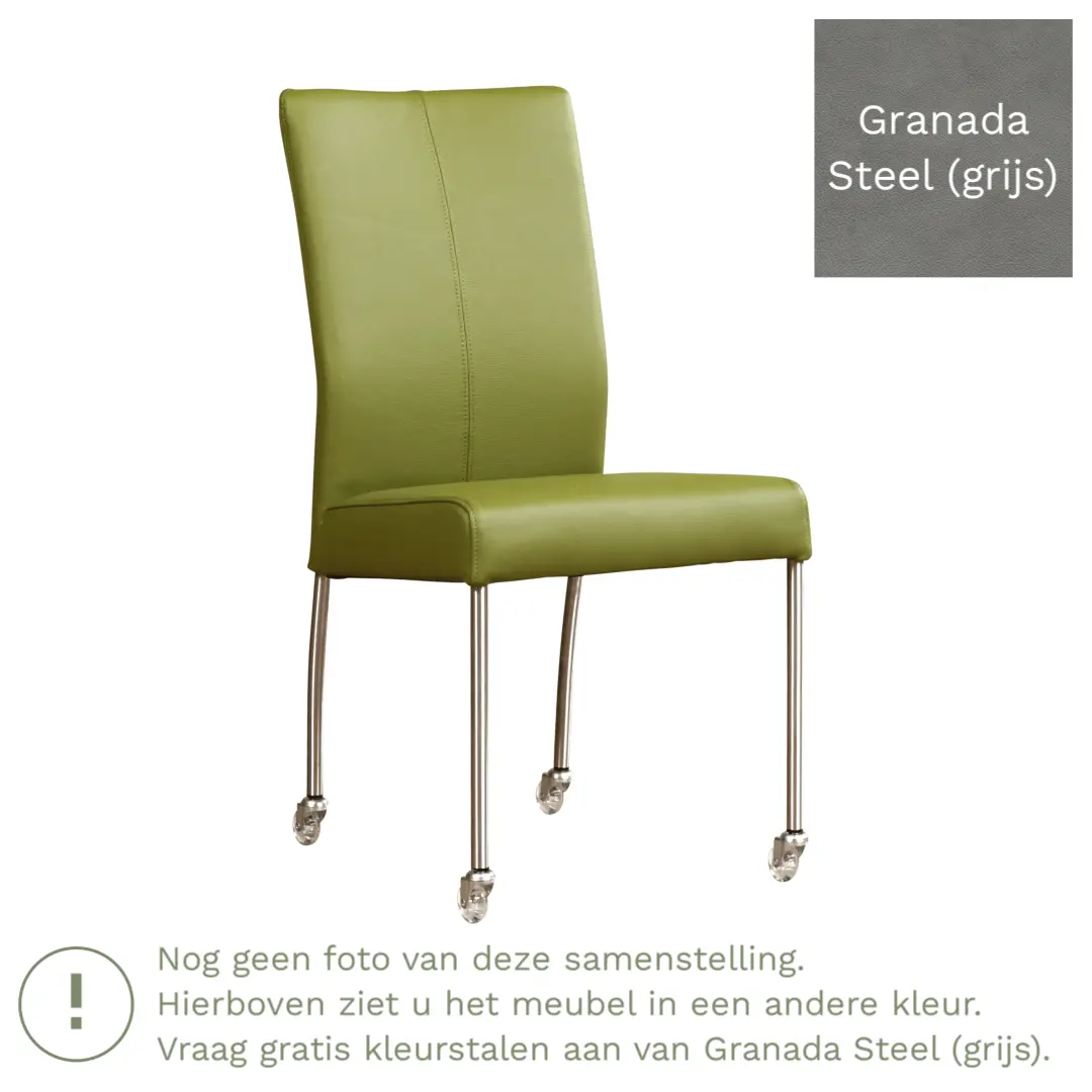 afbeelding van Leren eetkamerstoel Comfort met wieltjes - Granada Steel (grijs) - Poten staal rond RVS