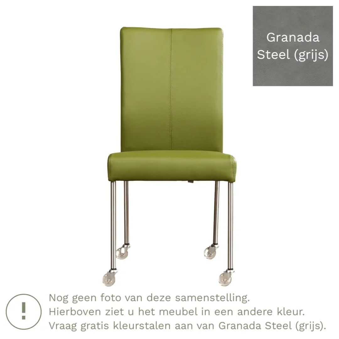 afbeelding van Leren eetkamerstoel Comfort met wieltjes - Granada Steel (grijs) - Poten staal rond RVS
