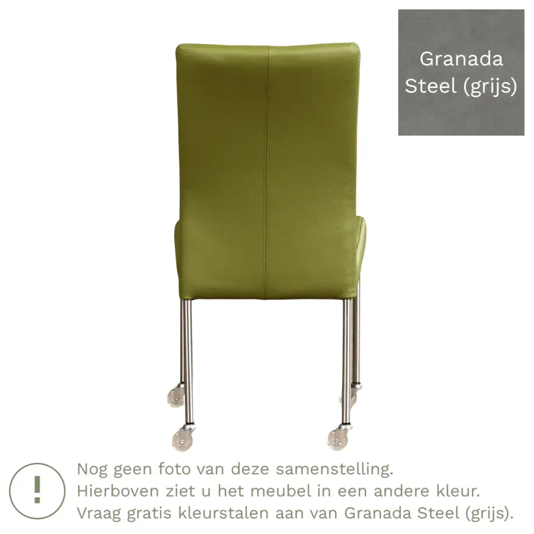 afbeelding van Leren eetkamerstoel Comfort met wieltjes - Granada Steel (grijs) - Poten staal rond RVS