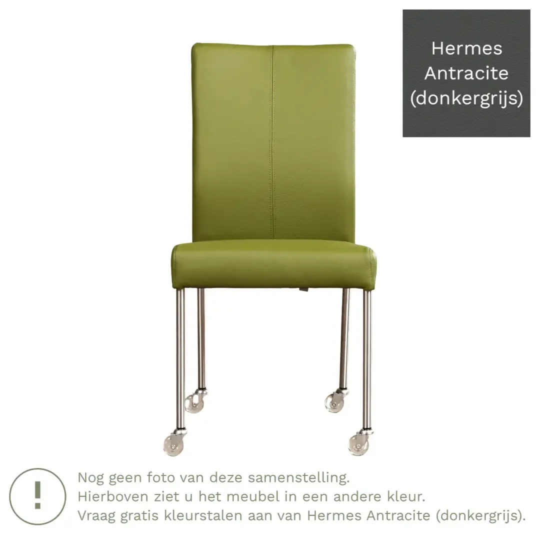 afbeelding van Leren eetkamerstoel Comfort met wieltjes - Hermes Antracite (donkergrijs) - Poten staal rond zwart