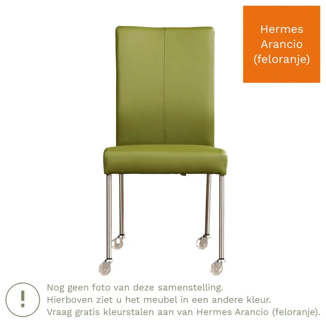 afbeelding van Leren eetkamerstoel Comfort met wieltjes - Hermes Arancio (feloranje) - Poten staal vierkant RVS