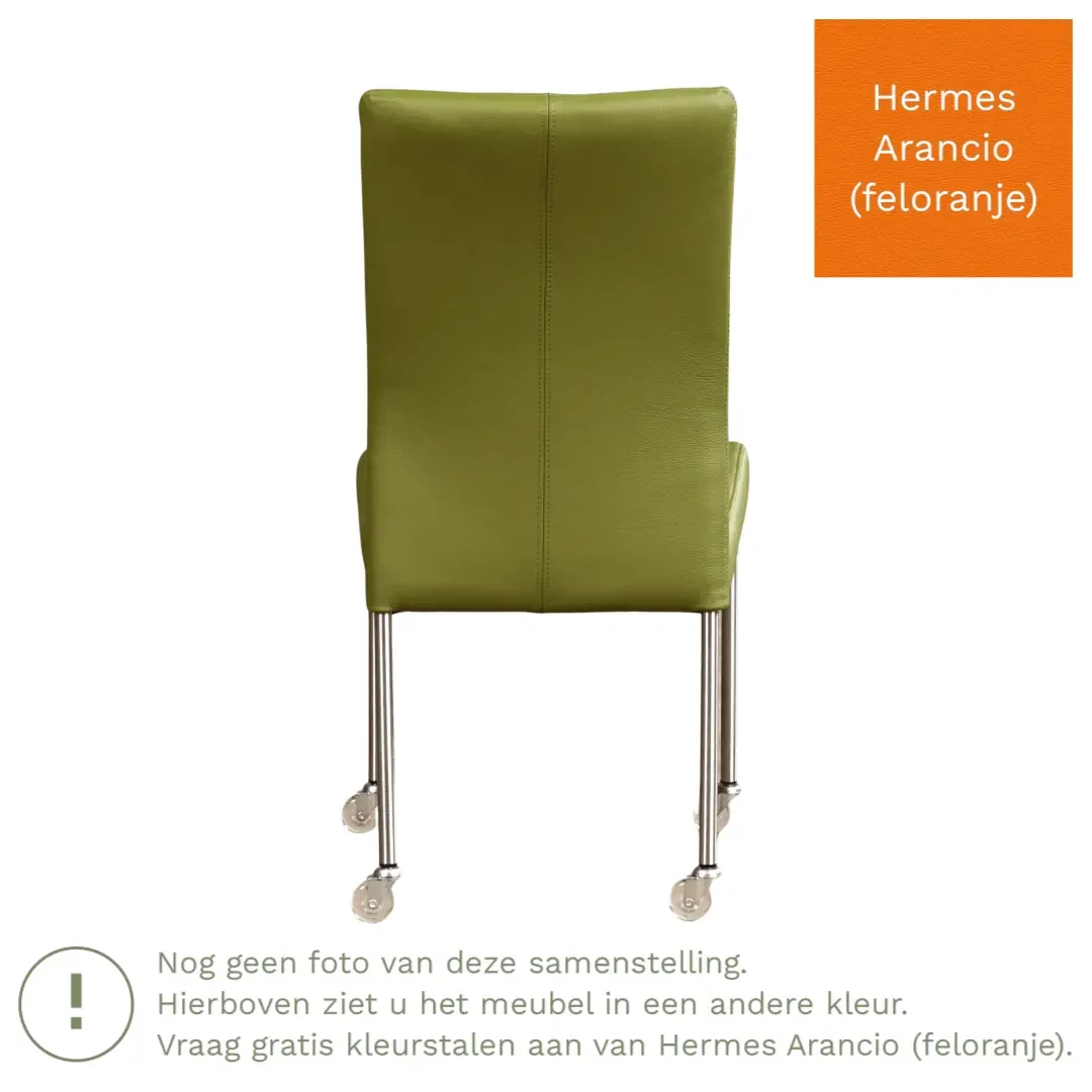 afbeelding van Leren eetkamerstoel Comfort met wieltjes - Hermes Arancio (feloranje) - Poten staal vierkant RVS