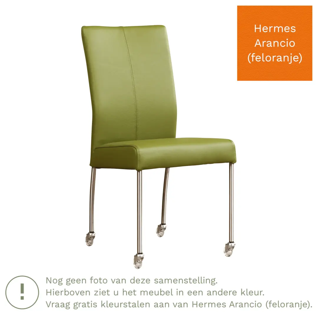 afbeelding van Leren eetkamerstoel Comfort met wieltjes - Hermes Arancio (feloranje) - Poten staal vierkant zwart