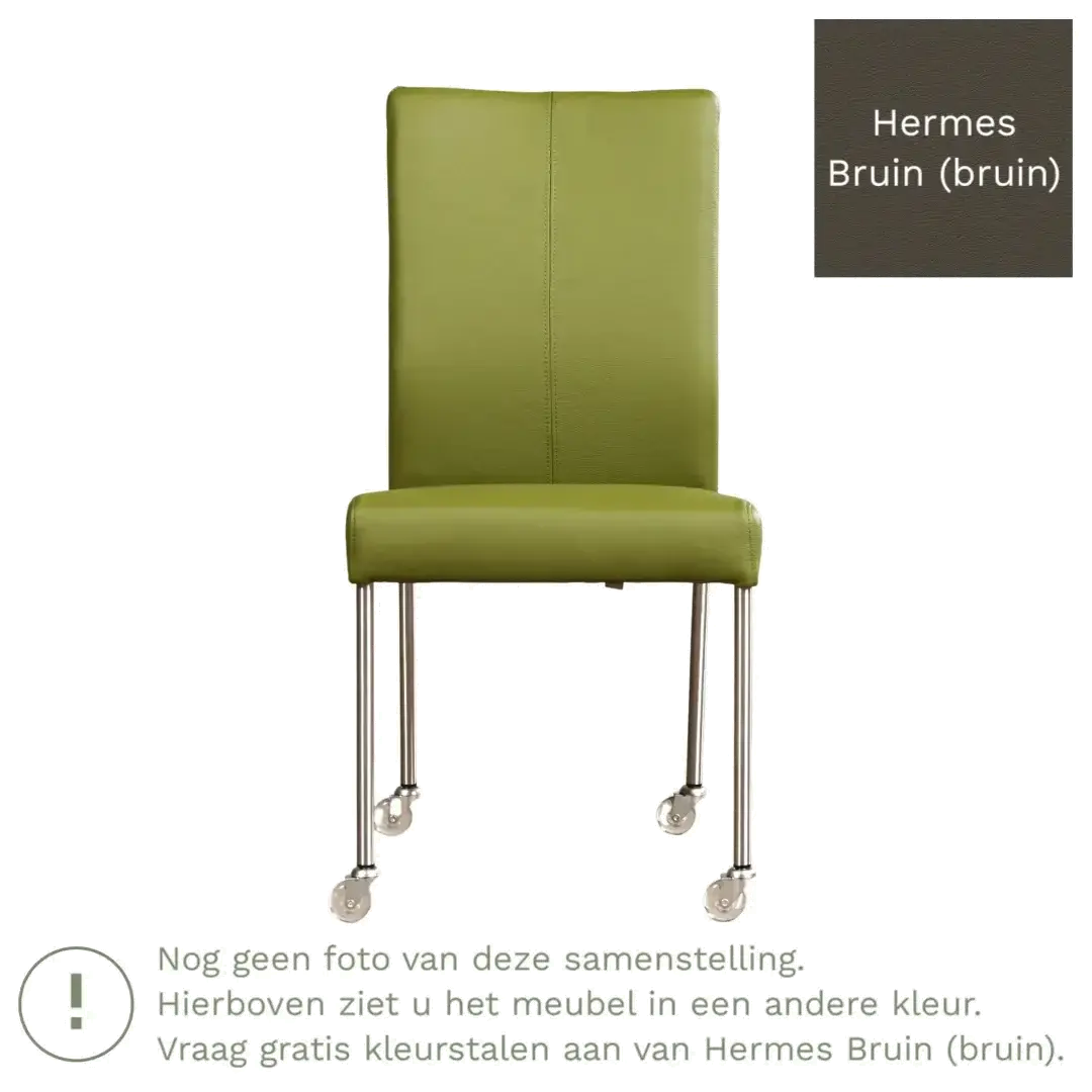 afbeelding van Leren eetkamerstoel Comfort met wieltjes - Hermes Bruin (bruin) - Poten staal rond zwart