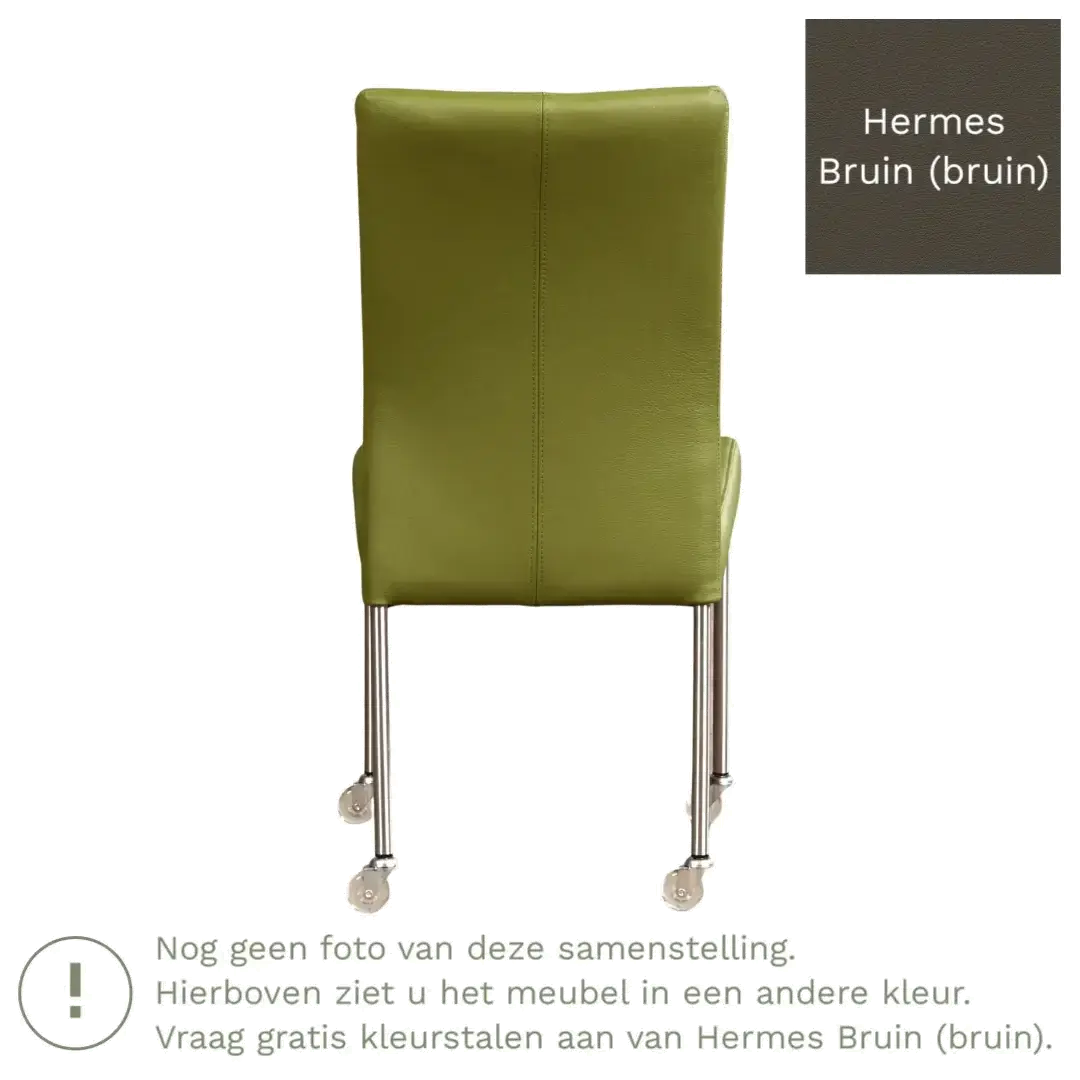 afbeelding van Leren eetkamerstoel Comfort met wieltjes - Hermes Bruin (bruin) - Poten staal rond zwart