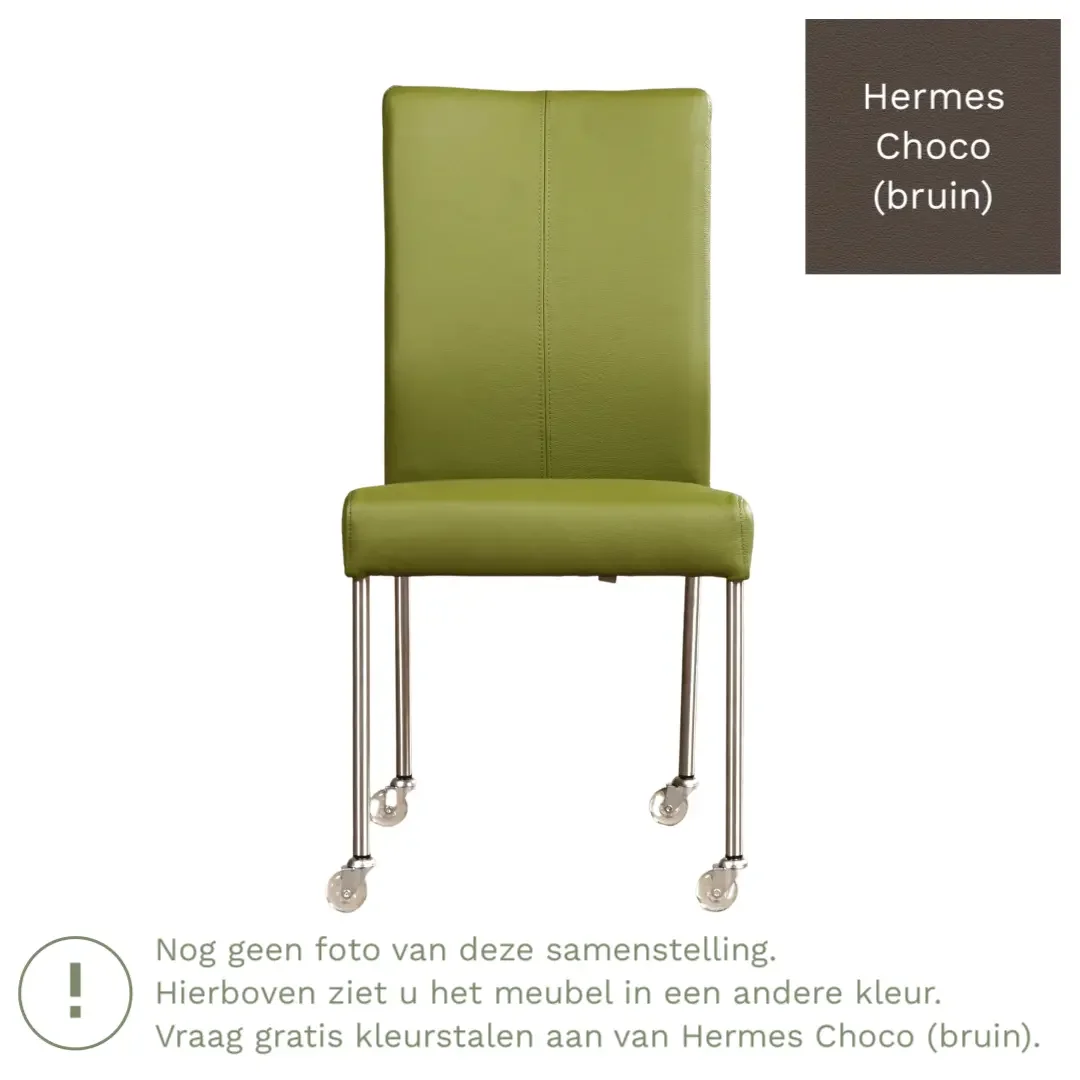 afbeelding van Leren eetkamerstoel Comfort met wieltjes - Hermes Choco (bruin) - Poten staal rond RVS
