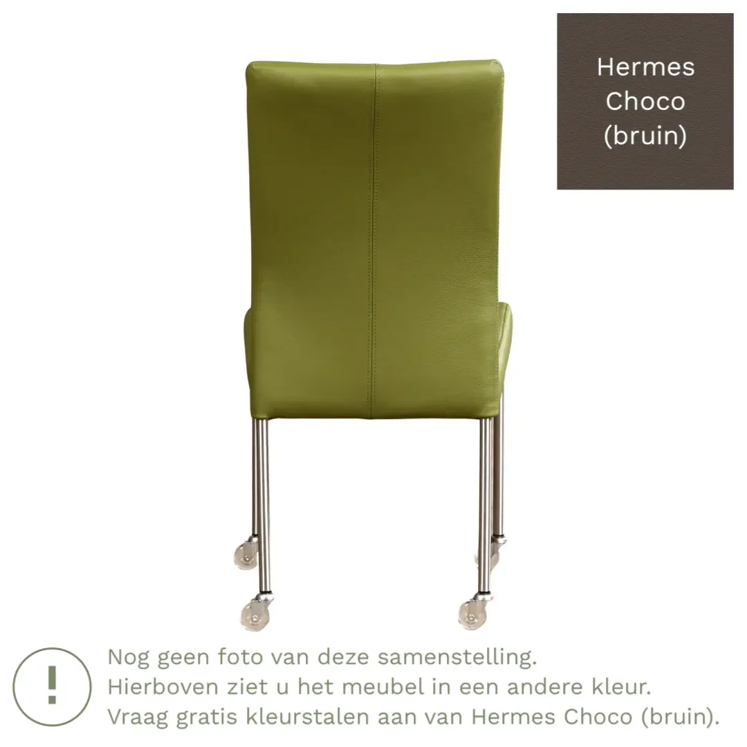 afbeelding van Leren eetkamerstoel Comfort met wieltjes - Hermes Choco (bruin) - Poten staal rond RVS