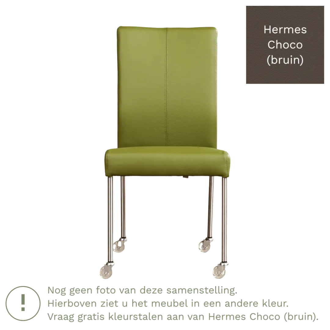 afbeelding van Leren eetkamerstoel Comfort met wieltjes - Hermes Choco (bruin) - Poten staal vierkant RVS