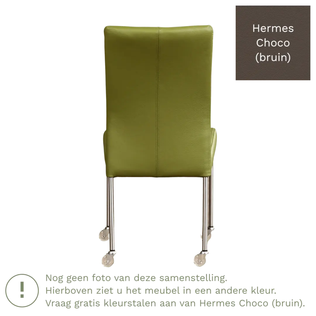 afbeelding van Leren eetkamerstoel Comfort met wieltjes - Hermes Choco (bruin) - Poten staal vierkant RVS
