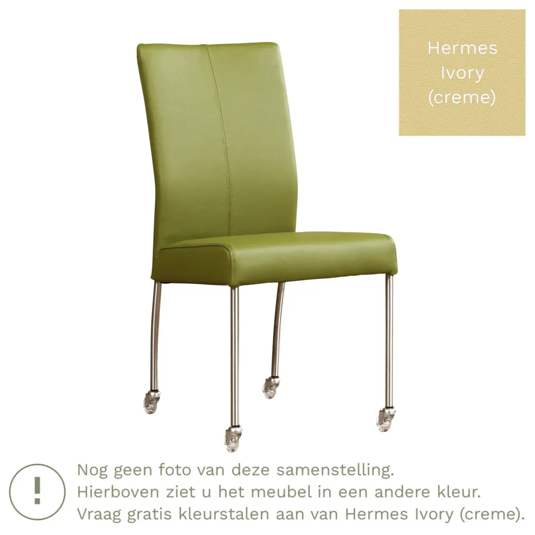 afbeelding van Leren eetkamerstoel Comfort met wieltjes - Hermes Ivory (crème) - Poten staal vierkant RVS