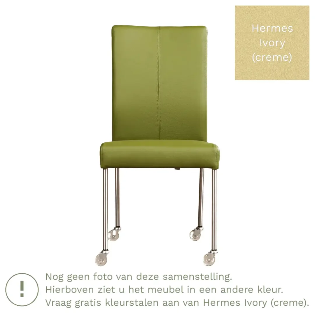afbeelding van Leren eetkamerstoel Comfort met wieltjes - Hermes Ivory (crème) - Poten staal vierkant RVS