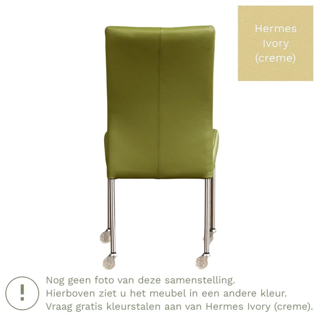 afbeelding van Leren eetkamerstoel Comfort met wieltjes - Hermes Ivory (crème) - Poten staal vierkant RVS