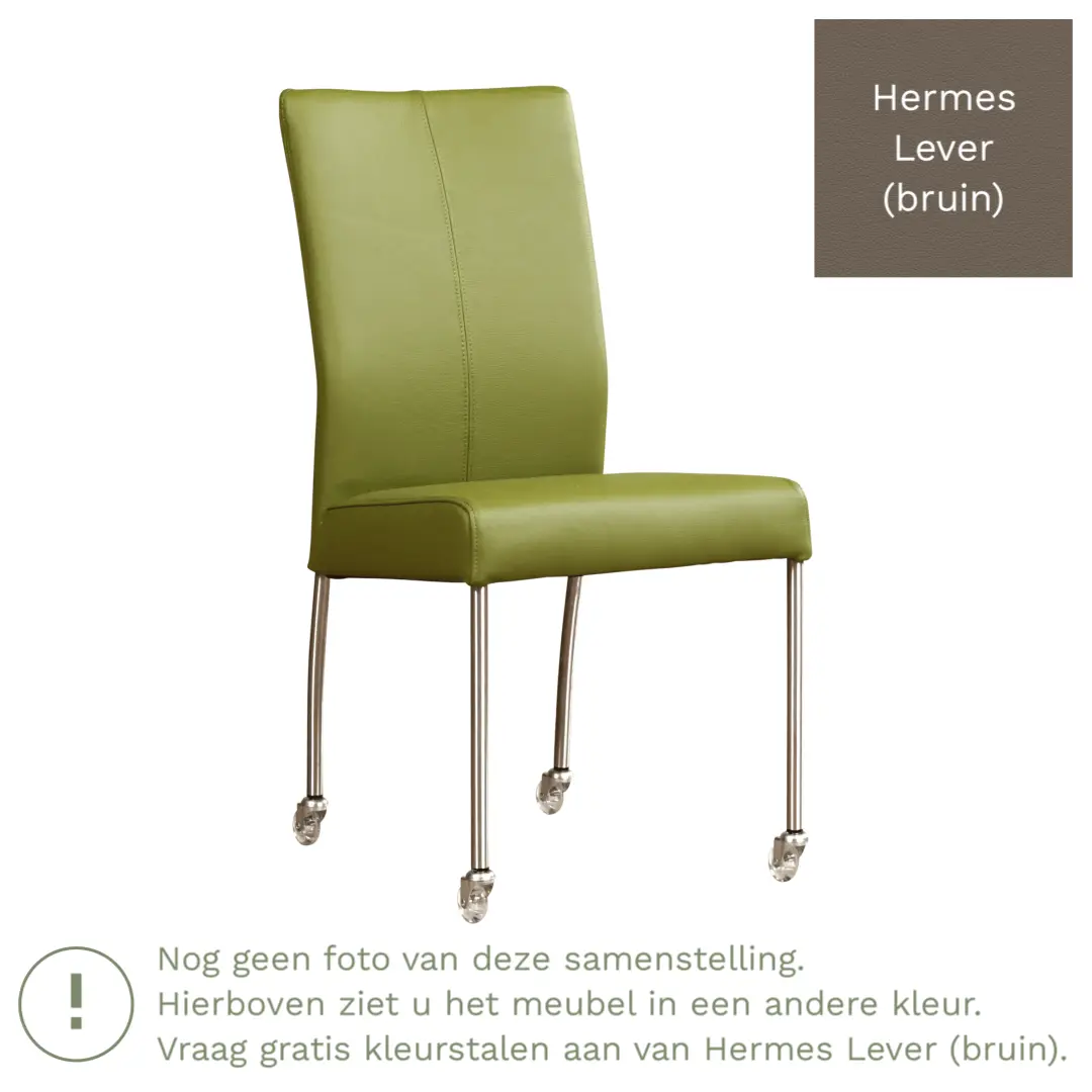 afbeelding van Leren eetkamerstoel Comfort met wieltjes - Hermes Lever (bruin) - Poten staal rond zwart