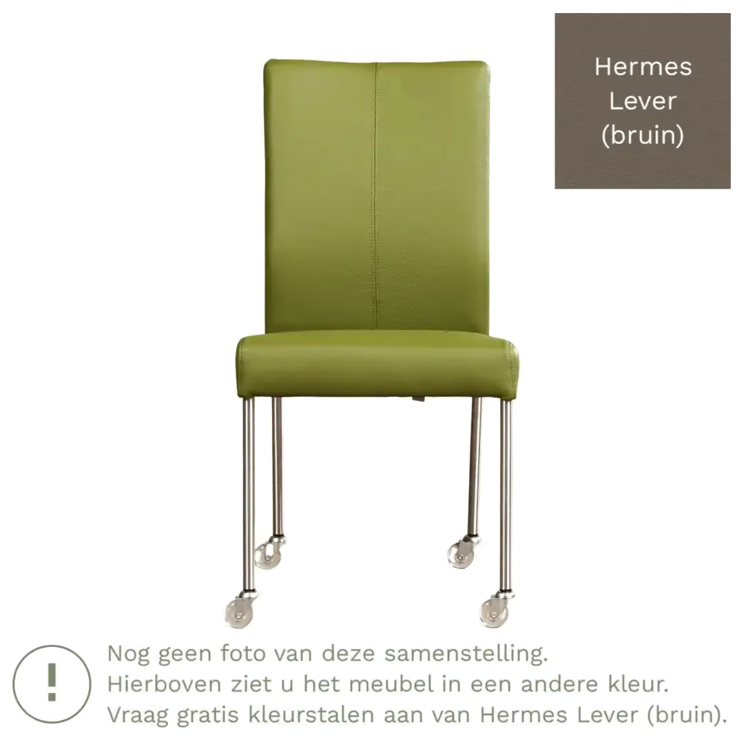 afbeelding van Leren eetkamerstoel Comfort met wieltjes - Hermes Lever (bruin) - Poten staal rond zwart
