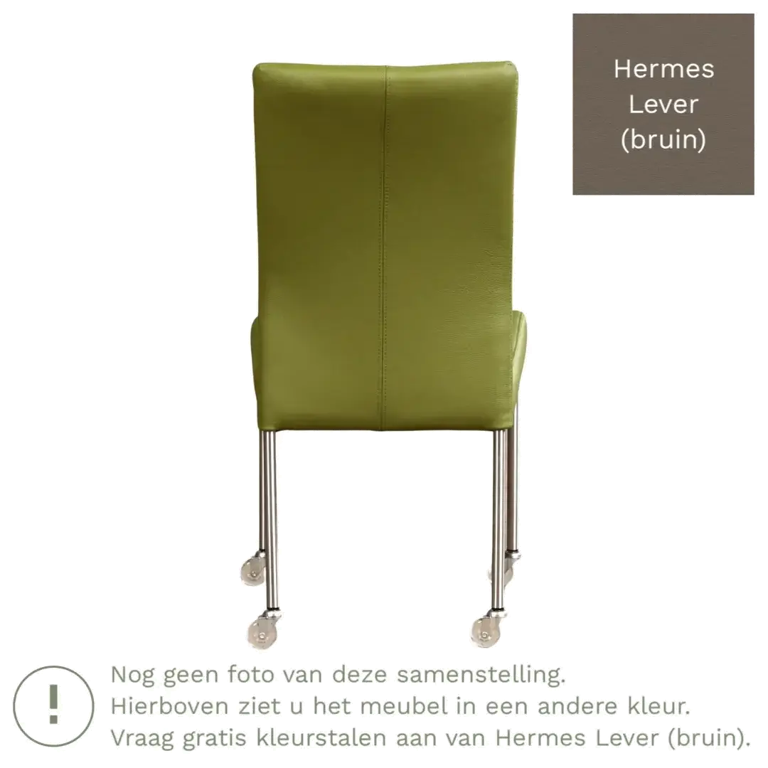 afbeelding van Leren eetkamerstoel Comfort met wieltjes - Hermes Lever (bruin) - Poten staal rond zwart