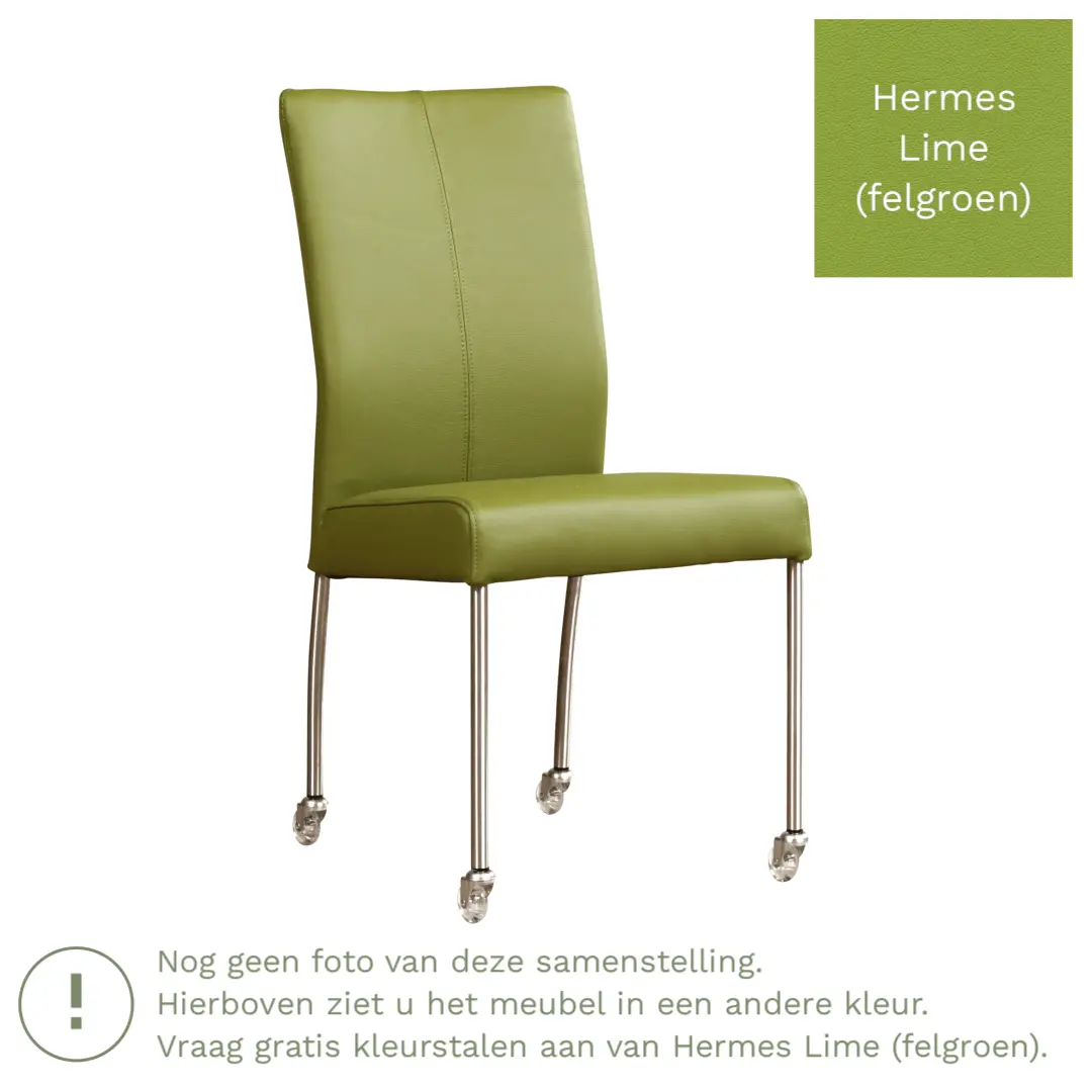 afbeelding van Leren eetkamerstoel Comfort met wieltjes - Hermes Lime (felgroen) - Poten staal vierkant zwart