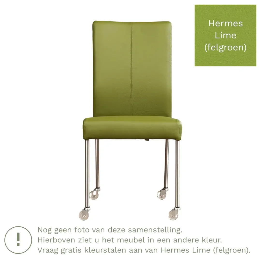afbeelding van Leren eetkamerstoel Comfort met wieltjes - Hermes Lime (felgroen) - Poten staal vierkant zwart