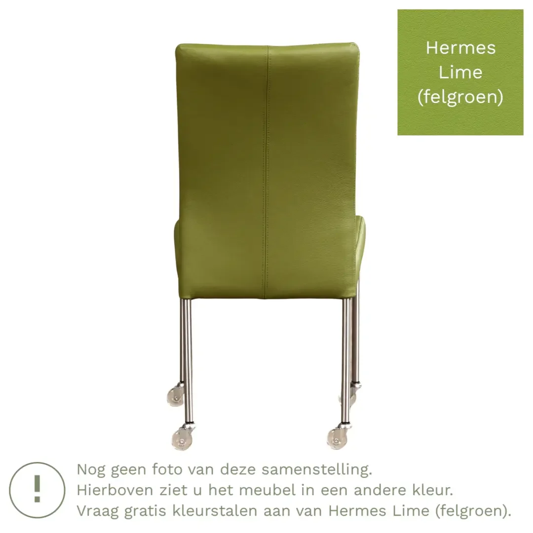 afbeelding van Leren eetkamerstoel Comfort met wieltjes - Hermes Lime (felgroen) - Poten staal vierkant zwart
