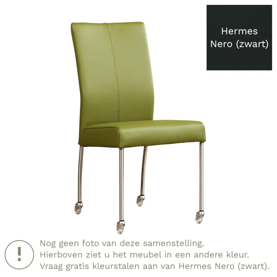 afbeelding van Leren eetkamerstoel Comfort met wieltjes - Hermes Nero (zwart) - Poten staal rond RVS