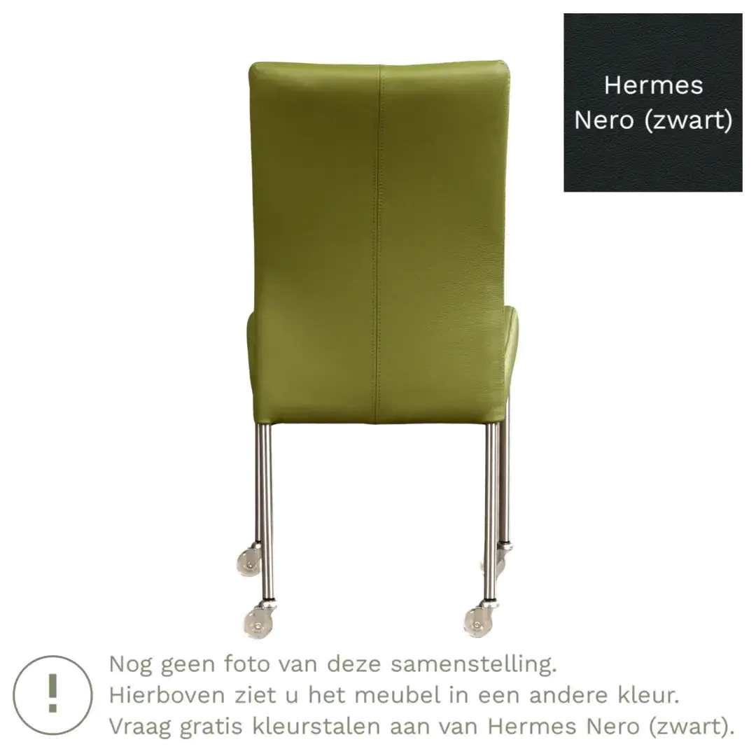 afbeelding van Leren eetkamerstoel Comfort met wieltjes - Hermes Nero (zwart) - Poten staal rond RVS