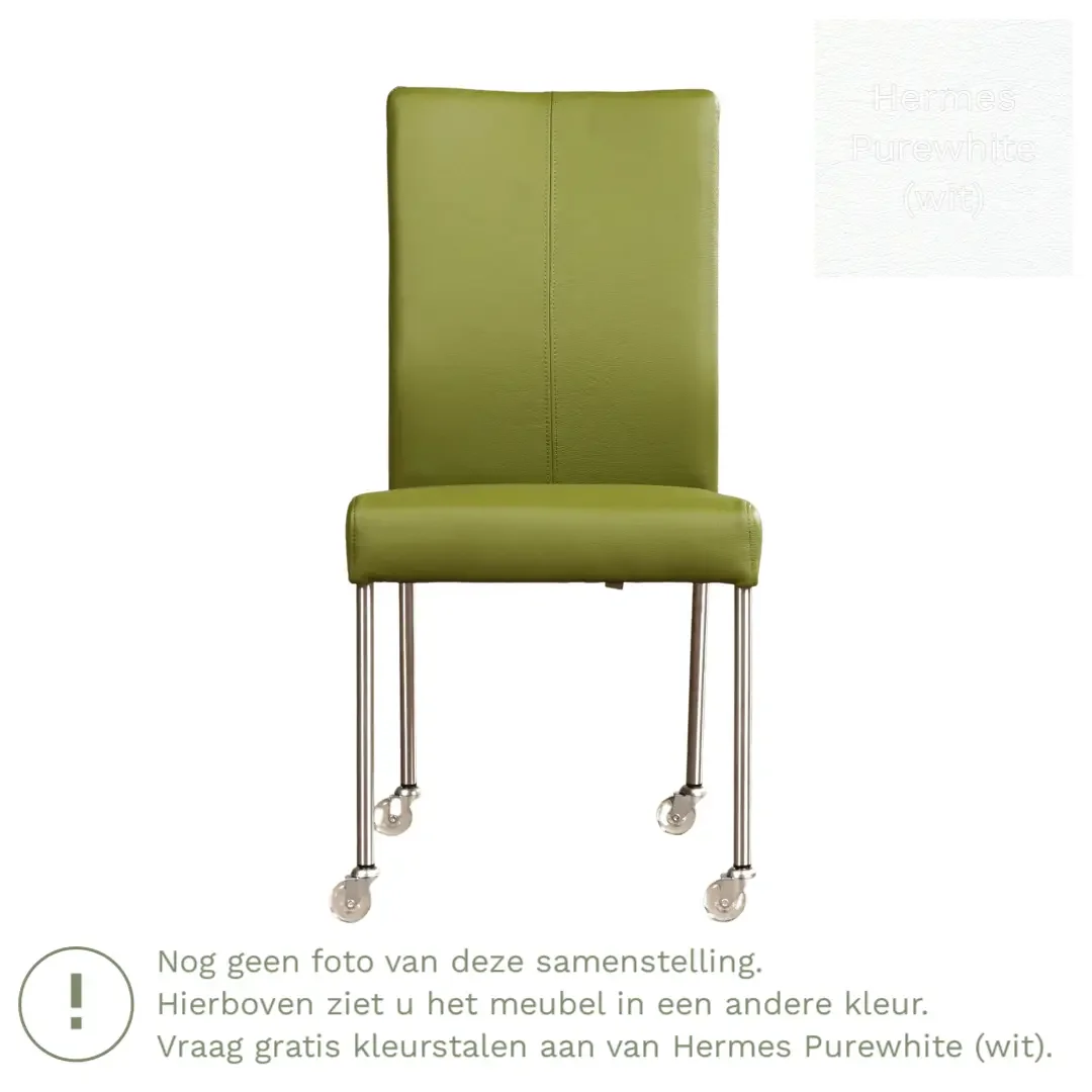 afbeelding van Leren eetkamerstoel Comfort met wieltjes - Hermes Purewhite (wit) - Poten staal vierkant RVS