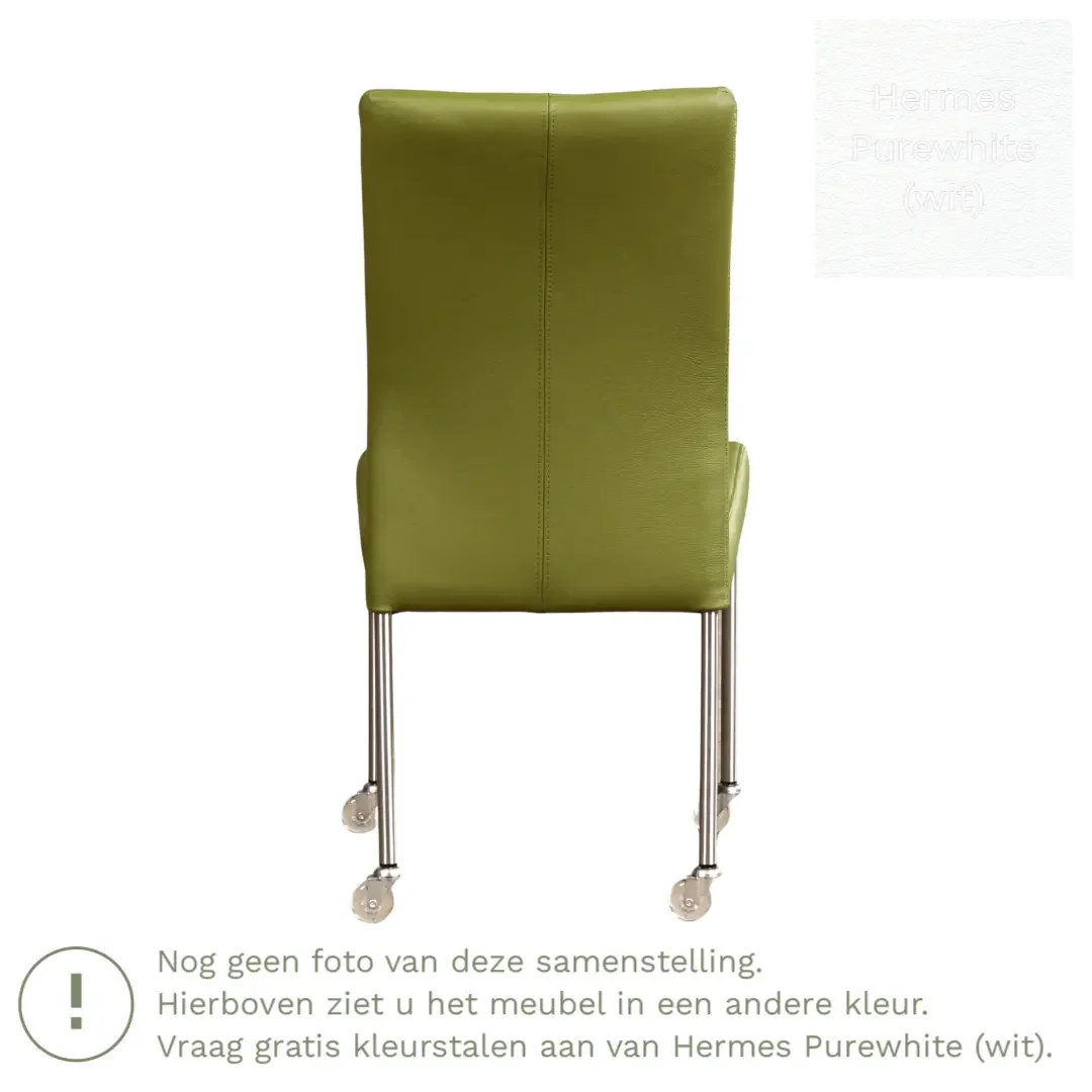 afbeelding van Leren eetkamerstoel Comfort met wieltjes - Hermes Purewhite (wit) - Poten staal vierkant RVS
