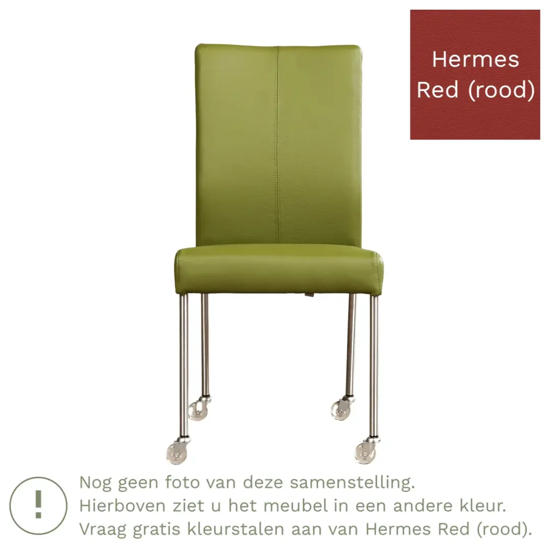 afbeelding van Leren eetkamerstoel Comfort met wieltjes - Hermes Red (rood) - Poten staal vierkant zwart