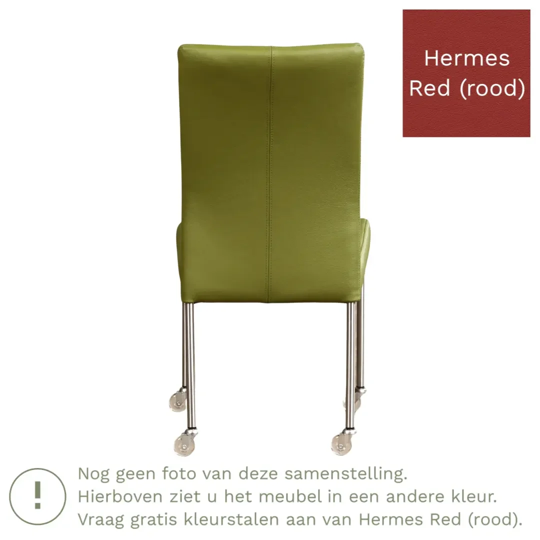 afbeelding van Leren eetkamerstoel Comfort met wieltjes - Hermes Red (rood) - Poten staal vierkant zwart