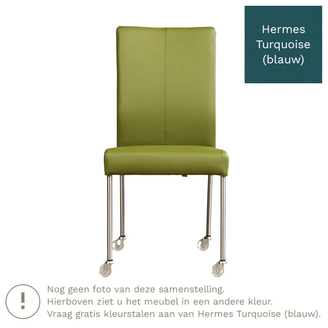 afbeelding van Leren eetkamerstoel Comfort met wieltjes - Hermes Turquoise (blauw) - Poten staal vierkant zwart