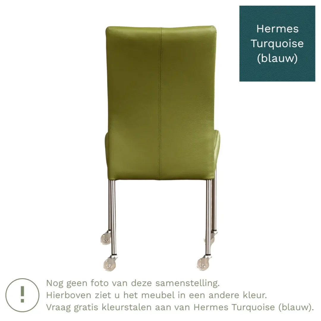 afbeelding van Leren eetkamerstoel Comfort met wieltjes - Hermes Turquoise (blauw) - Poten staal vierkant zwart