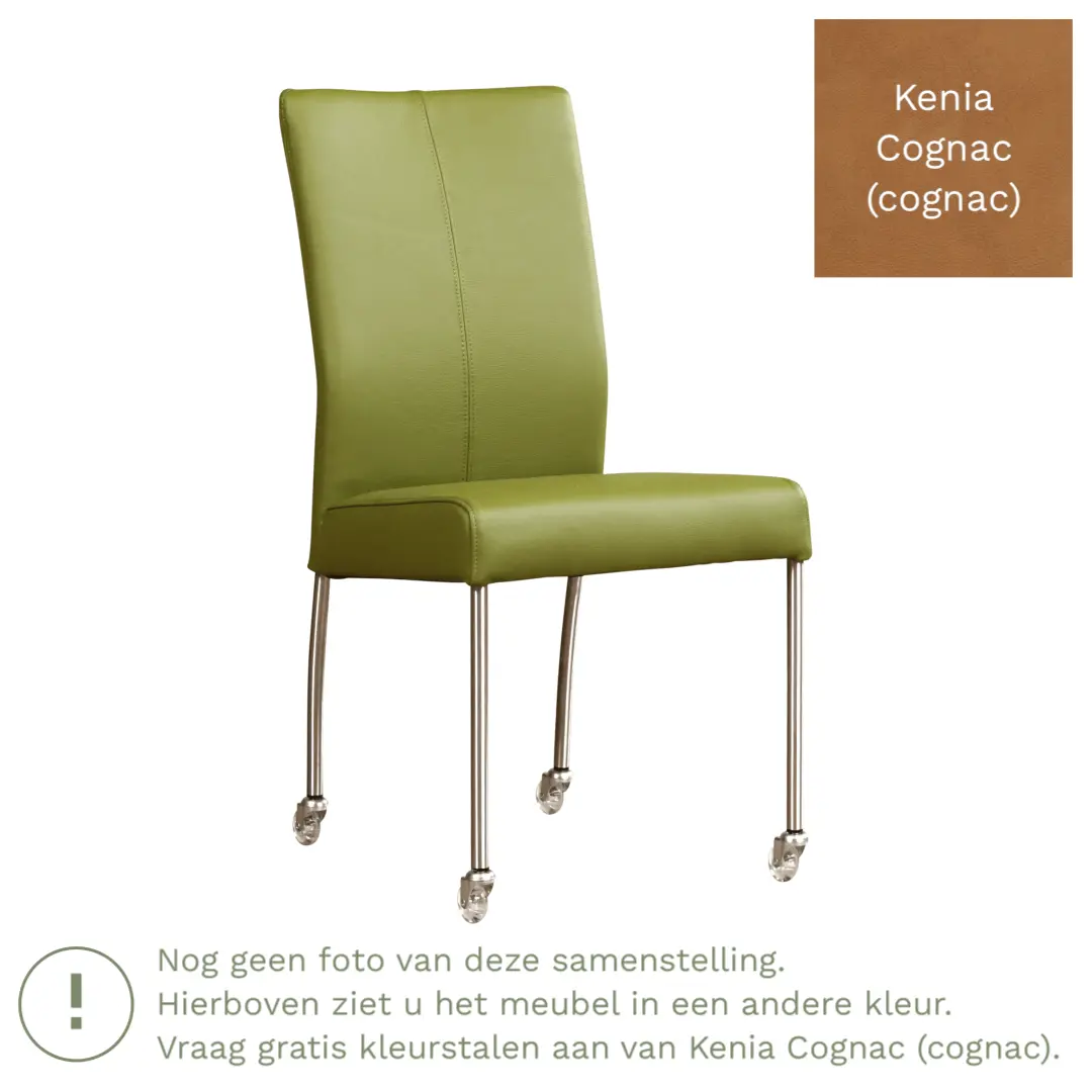 afbeelding van Leren eetkamerstoel Comfort met wieltjes - Kenia Cognac (cognac) - Poten staal rond zwart