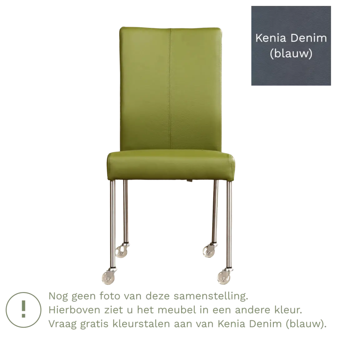 afbeelding van Leren eetkamerstoel Comfort met wieltjes - Kenia Denim (blauw) - Poten staal vierkant RVS