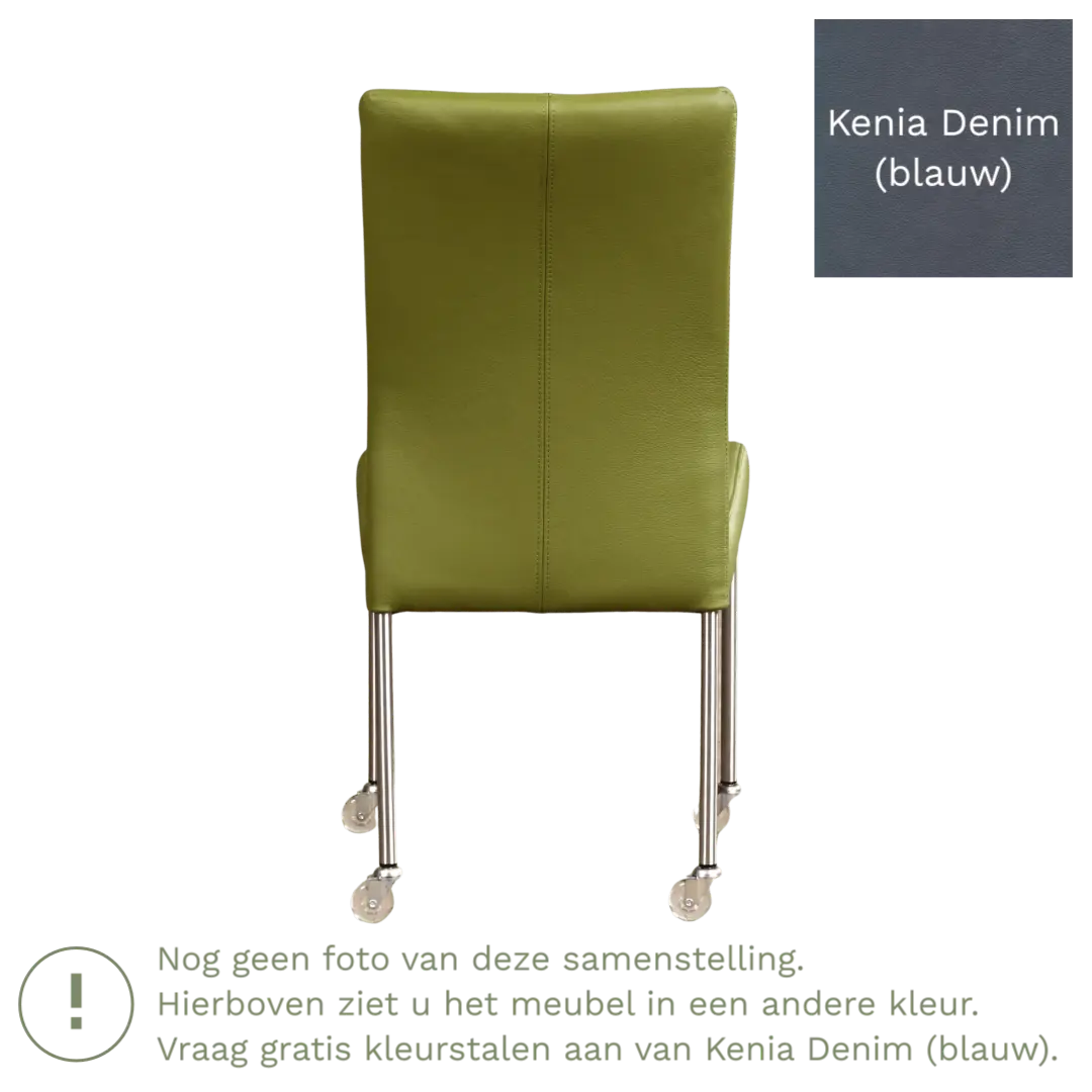 afbeelding van Leren eetkamerstoel Comfort met wieltjes - Kenia Denim (blauw) - Poten staal vierkant RVS