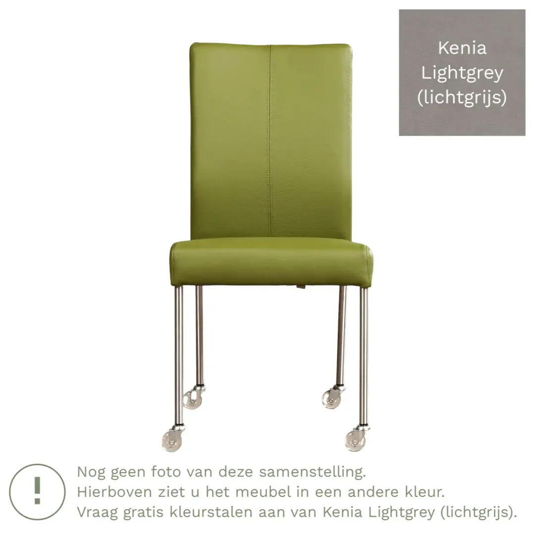 afbeelding van Leren eetkamerstoel Comfort met wieltjes - Kenia Lightgrey (lichtgrijs) - Poten staal vierkant zwart