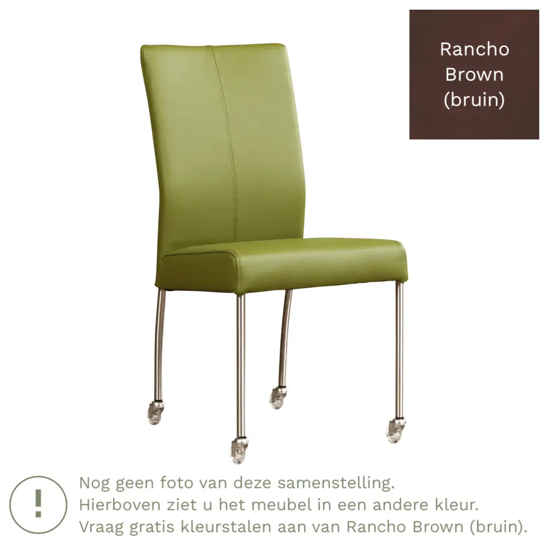 afbeelding van Leren eetkamerstoel Comfort met wieltjes - Rancho Brown (bruin) - Poten staal rond RVS