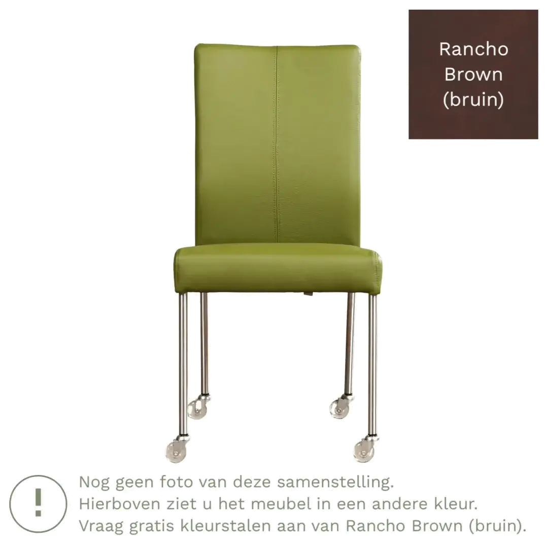 afbeelding van Leren eetkamerstoel Comfort met wieltjes - Rancho Brown (bruin) - Poten staal rond RVS