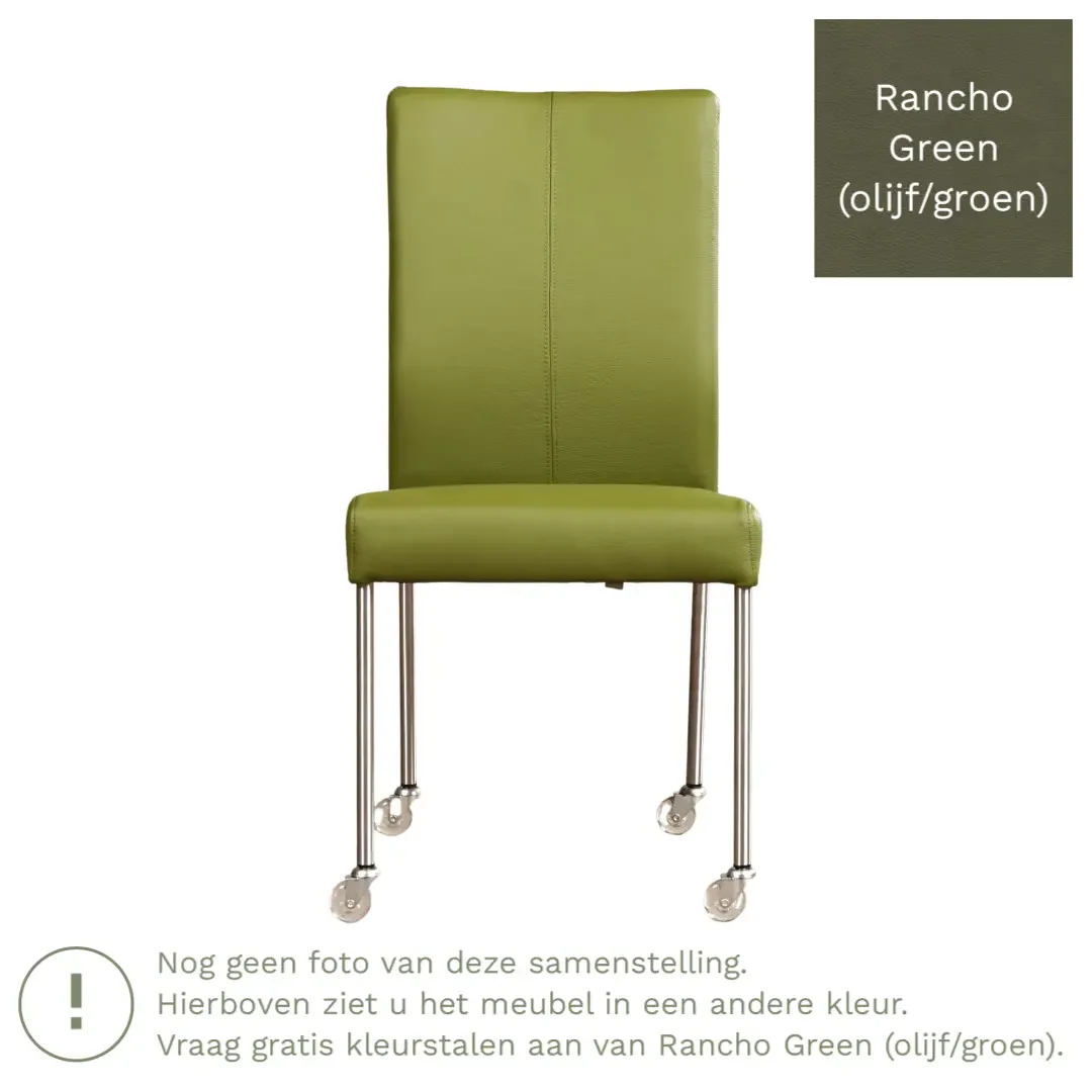 afbeelding van Leren eetkamerstoel Comfort met wieltjes - Rancho Green (olijf/groen) - Poten staal rond zwart