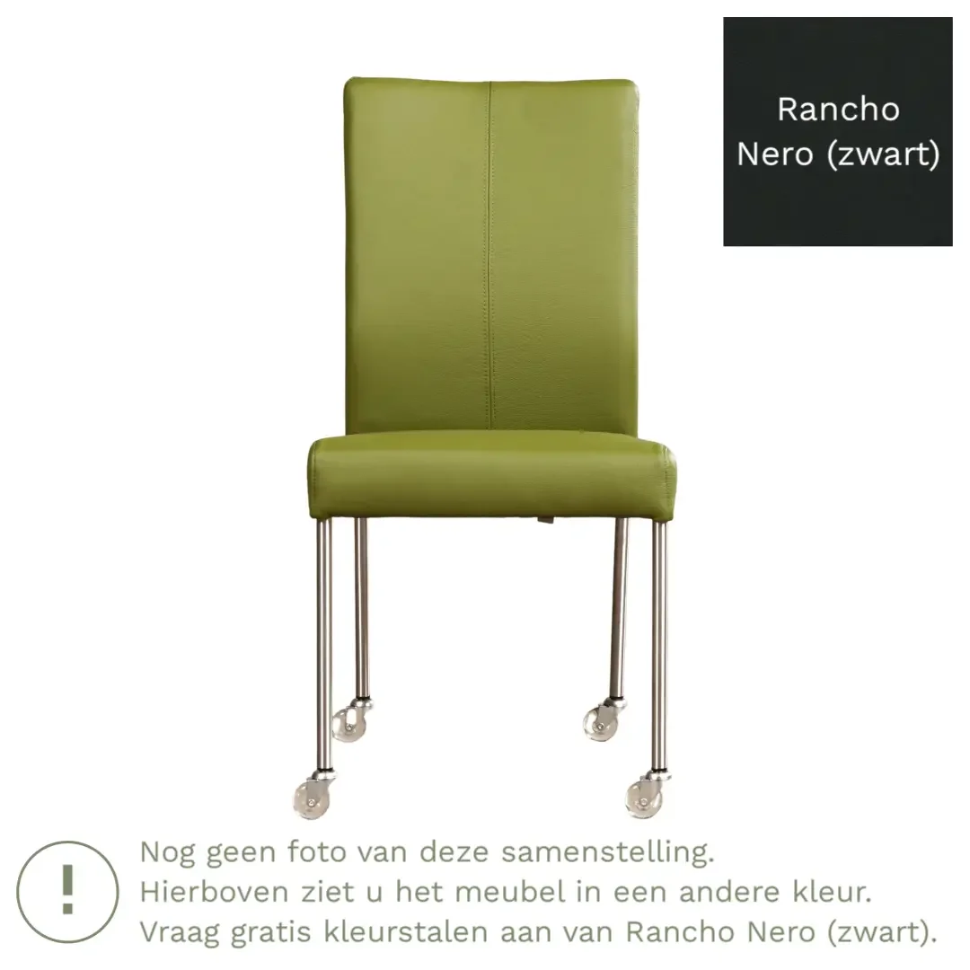 afbeelding van Leren eetkamerstoel Comfort met wieltjes - Rancho Nero (zwart) - Poten staal rond zwart