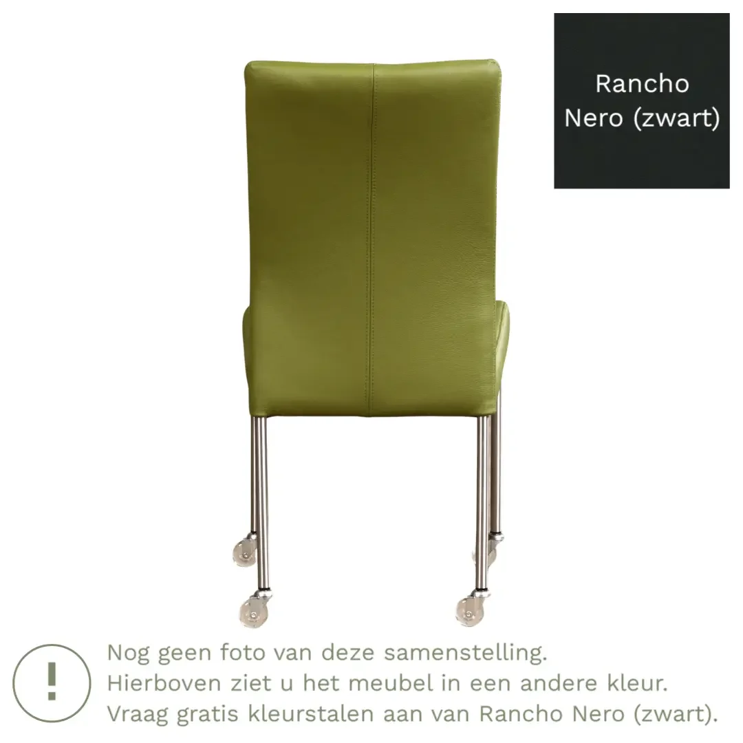 afbeelding van Leren eetkamerstoel Comfort met wieltjes - Rancho Nero (zwart) - Poten staal rond zwart