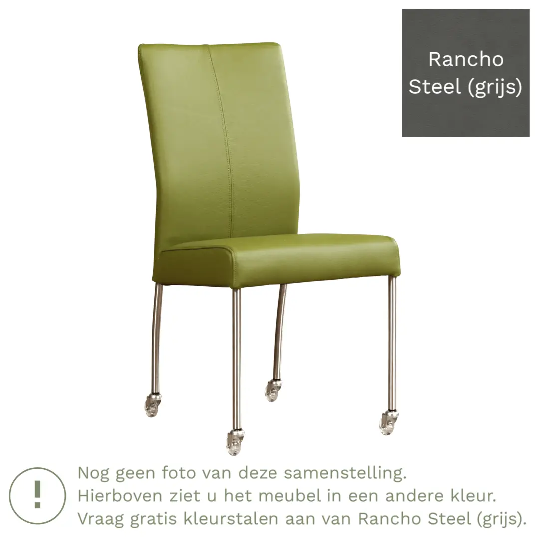 afbeelding van Leren eetkamerstoel Comfort met wieltjes - Rancho Steel (grijs) - Poten staal vierkant RVS